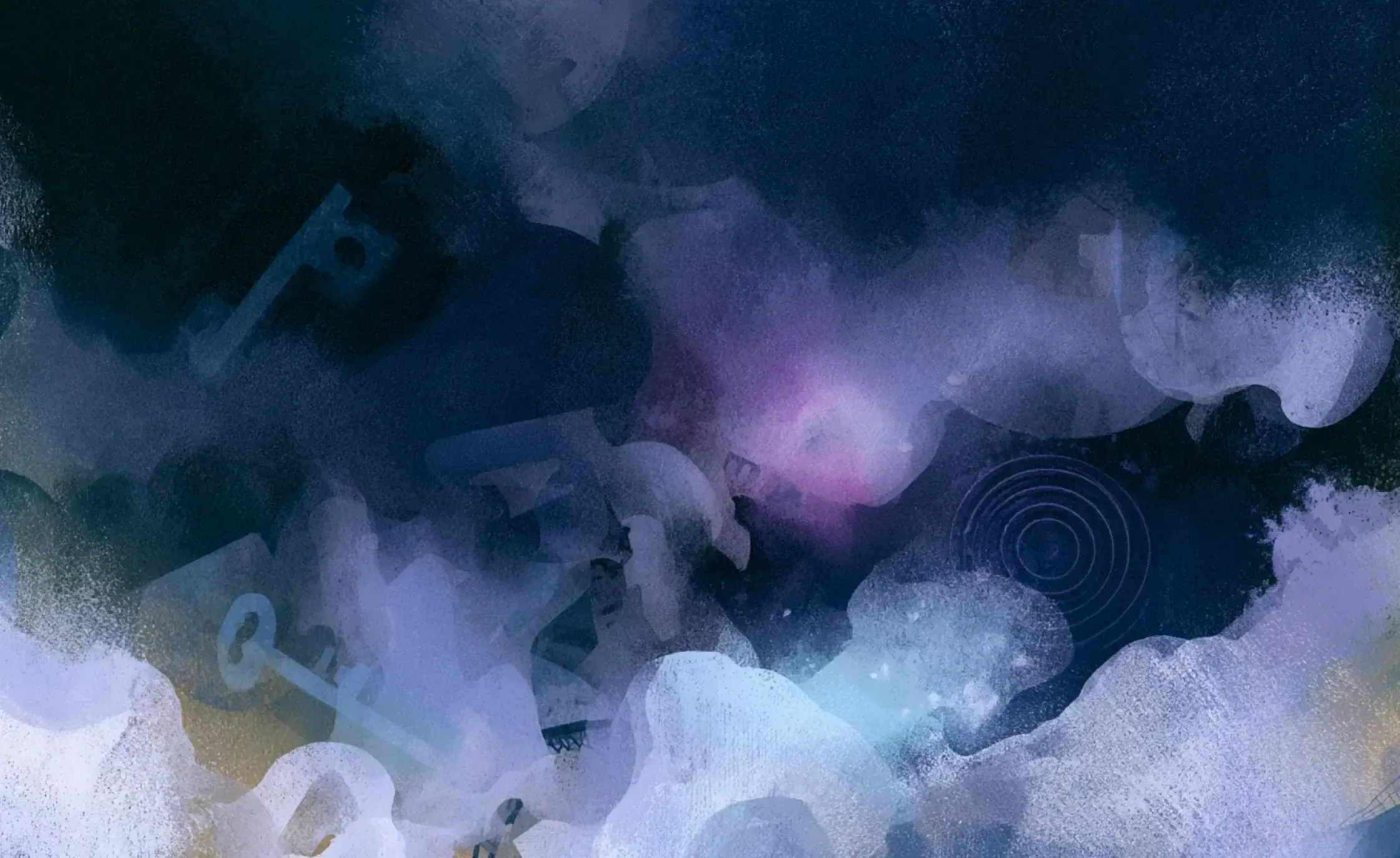 Abstract midnight-blue dreamscape with skeleton keys and concentric ripples hidden in swirling clouds—evoking personal dream symbolism — DreamSphere.