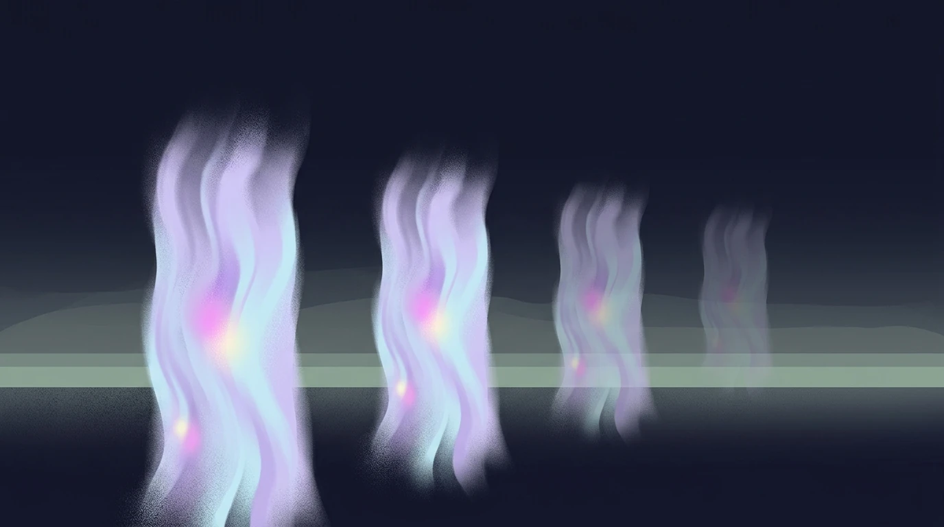 Layered indigo and violet forms suggesting a familiar figure appearing and dissolving, evoking a remembered person in a dream — DreamSphere.