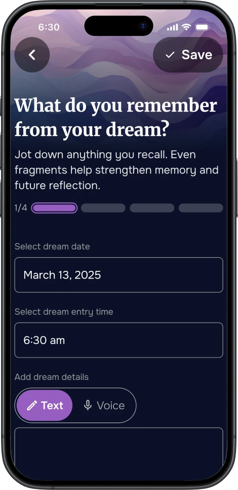 Mobile screen showing the Dream Entry feature in the DreamSphere app, prompting users to record what they remember from a dream using text or voice.