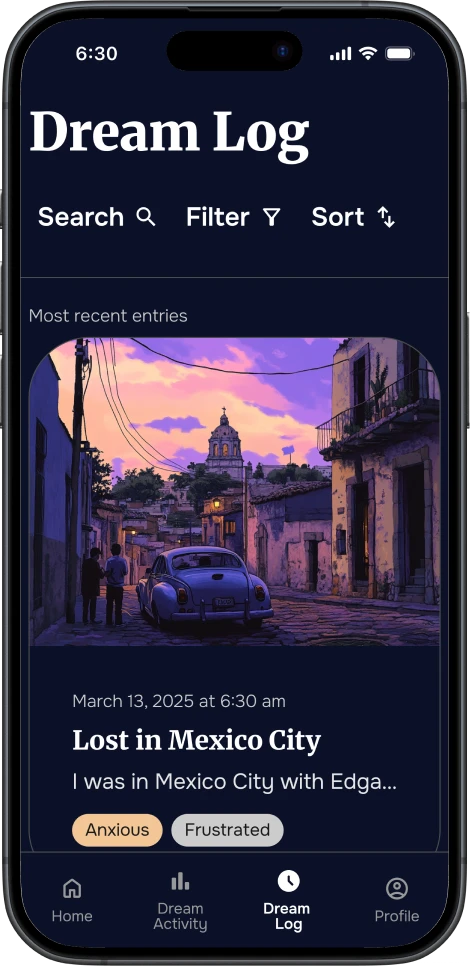 DreamSphere entry screen showing a saved dream titled “Lost in Mexico City” with an illustrated cityscape and emotion tags like Anxious and Frustrated.