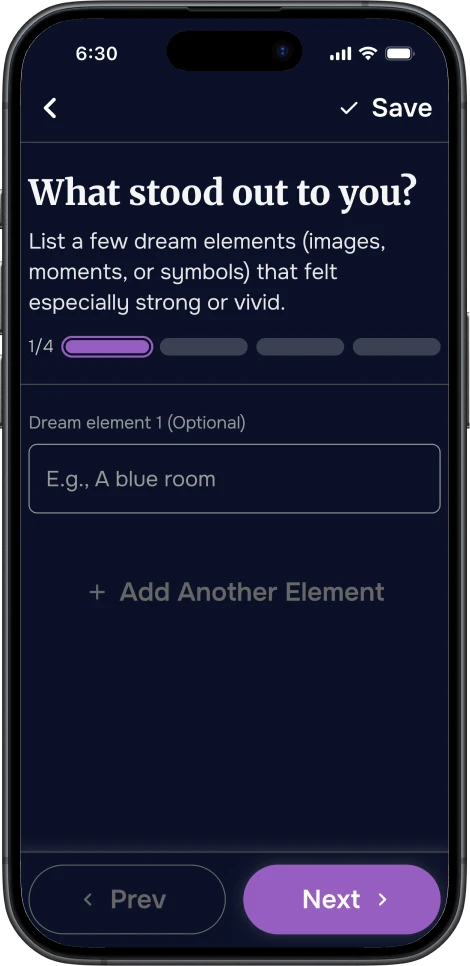 Mobile screen showing a reflection prompt in the DreamSphere app asking what stood out from the dream, with a user-entered element labeled “Uber Driver.”