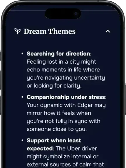 DreamSphere AI dream analysis summary with suggested themes and emotional undertones.