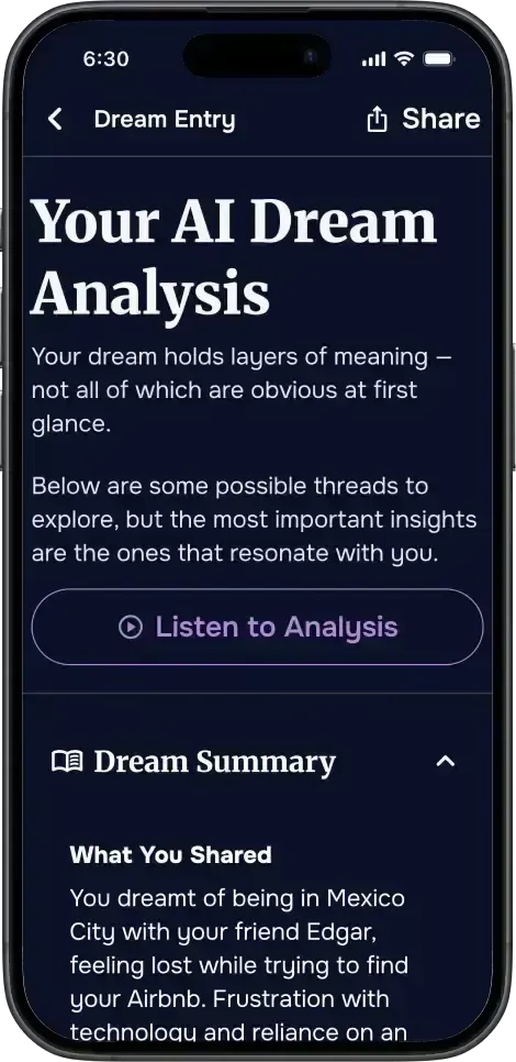 DreamSphere AI dream analysis showing suggested themes and emotional undertones.