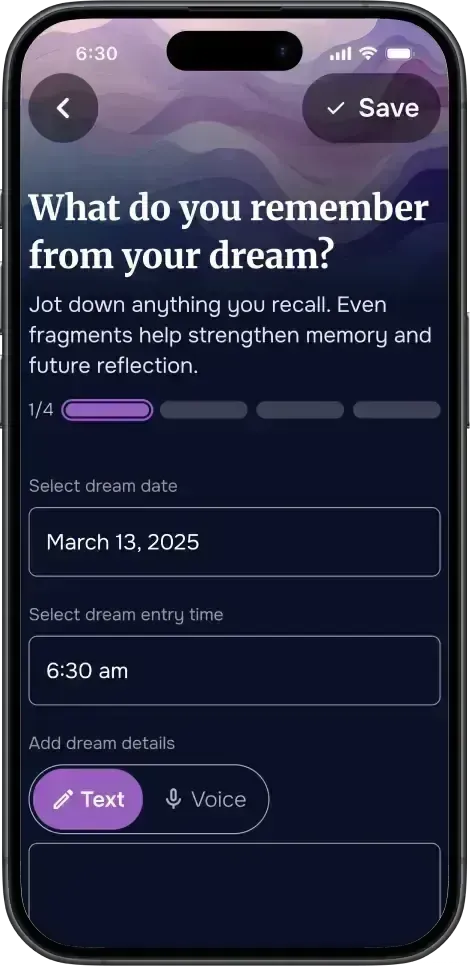 DreamSphere dream entry screen with text and voice input for capturing dreams.